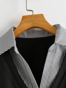 Franclia Women's Black And White Striped Elegant Smart Casual Contrast Color Collar Long Sleeve Pleated T-Shirt Office Brunch Summer - Black - View 6