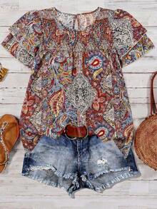 SHEIN LUNE CURVE Áo kiểu nữ cỡ lớn, màu trơn, cổ tròn, tay hai lớp, ngắn, kiểu dáng thường ngày, xếp ly, thời trang, đa năng, thích hợp cho kỳ nghỉ hè. - Nhiều màu - Xem 6