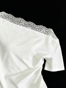 Mulvari French Lace Patchwork Cold-Shoulder Short Sleeve Sexy Cropped T-Shirt For Women - White - View 3