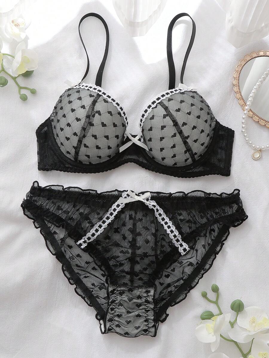 DelicateAllure Bộ áo ngực không gọng phối ren lưới họa tiết trái tim màu tím oải hương, điểm nhấn là nơ trang trí. - màu đen - Xem 1