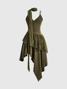 Hippie Đầm midi xếp lớp cổ chữ V bất đối xứng, phối ren và ruy băng ren hiệu ROMWE Fairycore dành cho nữ. - Màu xanh lá cây đậm - Xem 2
