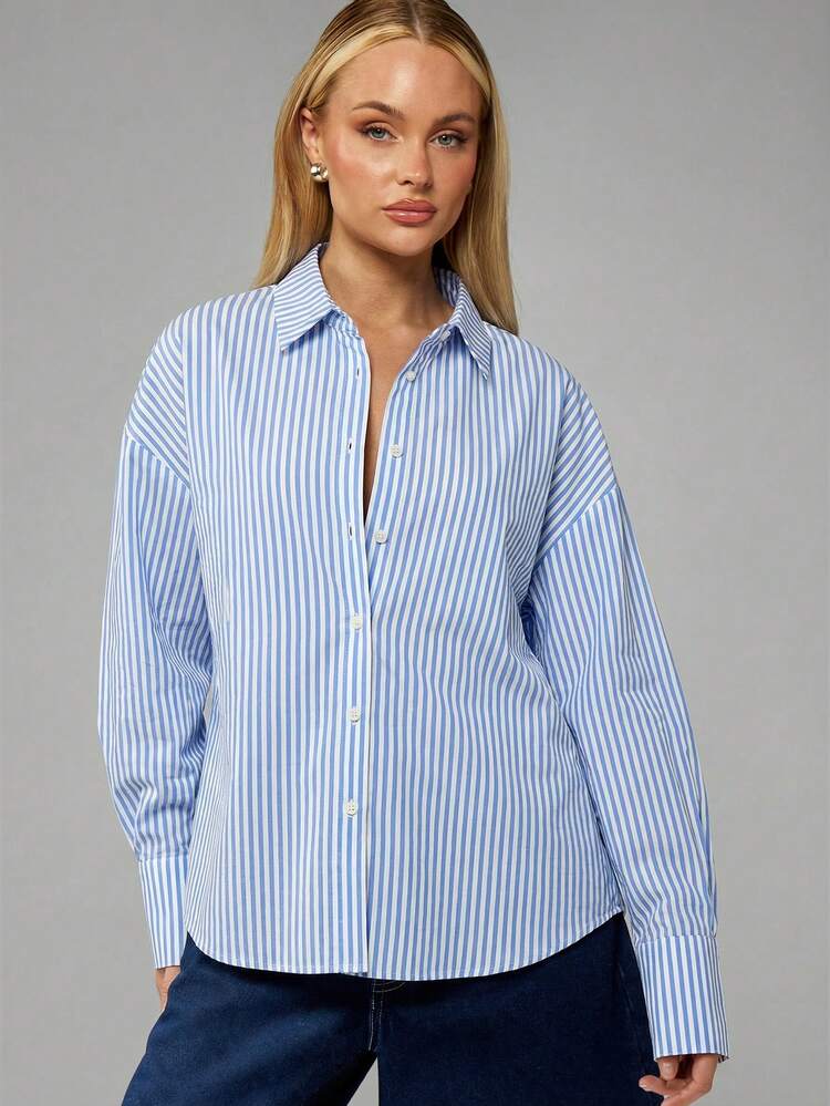 MISSGUIDED Womens Relaxed Fit Blue White Striped Button Down Shirt With Cinched Waist Tie Back Detail Long Sleeve Collar Blouse