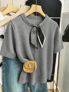Franclia Áo len nữ cỡ lớn thanh lịch, giản dị, tối giản, thời trang, thích hợp đi làm, đa năng, sang trọng, có thiết kế, khăn choàng cổ rời, nơ thắt cổ, màu xám, tay ngắn, cổ tròn, tôn dáng, áo len ôm sát. - Xám - Xem 4