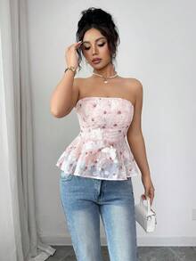 Elenzga Áo ống nữ thanh lịch in hoa và thêu bướm, thích hợp cho mùa hè. - Màu Hồng baby - Xem 5