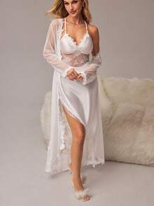Women's Satin & Lace Trim Nightgown And Robe Set, Featuring Criss-Cross Back Design And Scalloped Hem Satin Sleepwear Set Robe Lingerie Set Bridal Robe Set Satin Night Gown Satin Nightgown - White - View 6