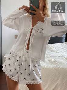 HELLO KITTY | DAZY 2pcs/Set Lace Patchwork Satin Long Sleeve Top And Shorts Pajama Set, Spring/Summer - White - View 5