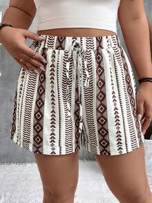 SHEIN VCAY Quần short giáo viên kẻ sọc nhiều màu sắc phong cách quý tộc Pháp mùa thu, cỡ lớn. - Nhiều màu - Xem 3