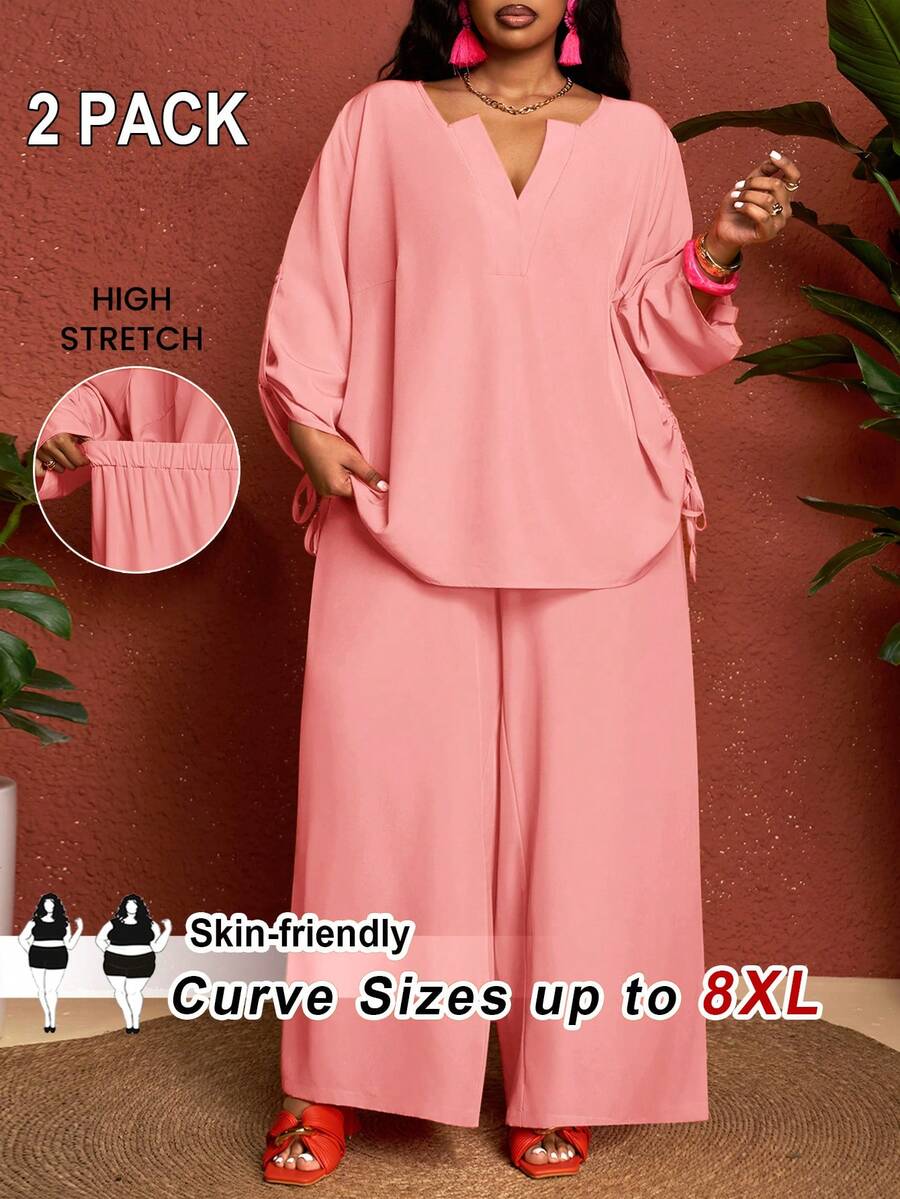 SHEIN CURVE+ Curve Size US22Music Festival, Seaside Vacation, Bohemia2pcs Casual Solid Color Lapel Long Sleeve Top And Pants Set, Women Western Style Outfit - Pink - View 1