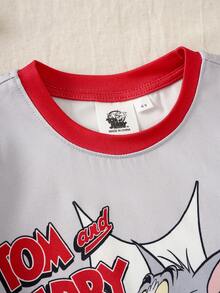 TOM & JERRY X SHEIN Cartoon Print Short Sleeve T-Shirt And Shorts Casual Outfit For Young Boy - Grey - View 3