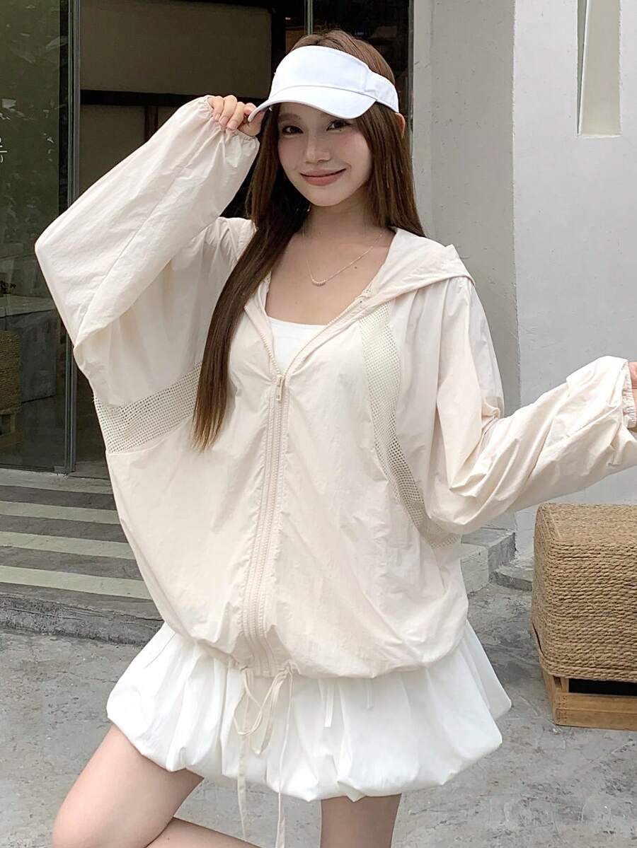 DAZY Chaqueta ligera y holgada con capucha para mujer, de manga larga, versátil para primavera, verano y otoño, adecuada para la playa, vacaciones y uso diario - Beis - Ver 1
