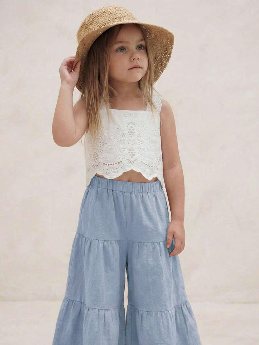 Emery Rose Kids Emery Rose Kids 2件套少女纯色梭织方领荷叶边休闲吊带背心和长裤套装 - 霧霾藍 - 查看 1