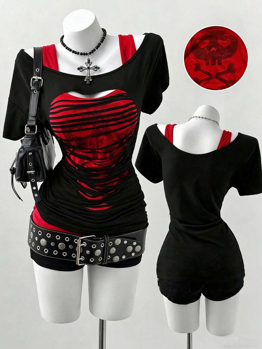 Plus Size Oblique Shoulder 2 In 1 Skull Print Contrast Color Long Sleeve T-Shirt - Multicolor - View 1