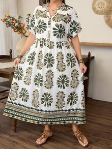 Lacomfia Vestido casual de verano de manga corta con estampado de colocación y ajuste holgado para mujer de talla grande - Multicolor - Ver 3