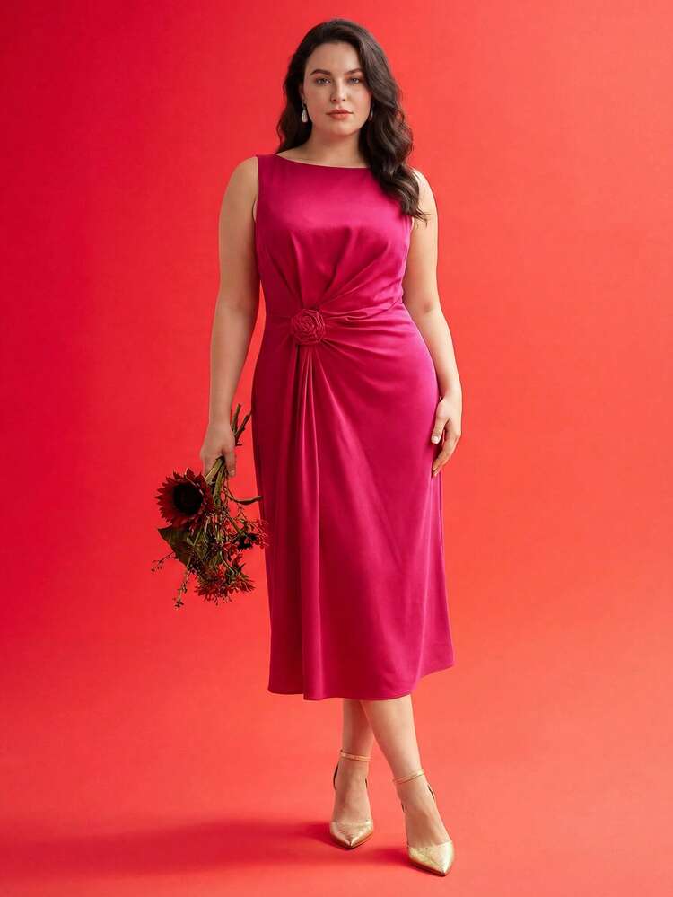 PLUS SIZE SUMMER SOLID SLEEVELESS STEREO FLOWER RUCHED WAIST DRESS