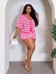 Veslaya Plus Size Women's Pink Hollow Knit Cardigan Shorts Set, Spring Summer Smart Casual Cute Vacation Music Festival Beach Cruise Travel Outfits - Multicolor - View 5