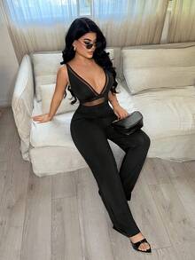 SHEIN SXY 网纱拼接性感低领连体裤 - 黑色 - 查看 6