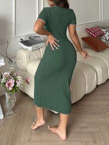Côtesoire 优雅蝴蝶结撞色针织连衣裙，女士家居服 - 綠色 - 查看 2