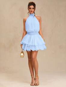 SHEIN BAE Đầm ngắn màu mơ buộc dây cổ, xếp tầng, hở lưng, thanh lịch, đầm ngắn phồng bóng, đầm duyên dáng, đầm đi nghỉ mát, đầm ngắn phù dâu, đầm dự tiệc sinh nhật, đầm đi học/tốt nghiệp. - Màu xanh nhạt - Xem 6