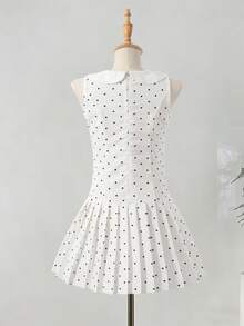 Girls' Retro Sweet Polka Dot Print Peter Pan Collar Sleeveless Pleated Dress, Suitable For Spring/Summer Daily Outing, Party, White - White - View 2