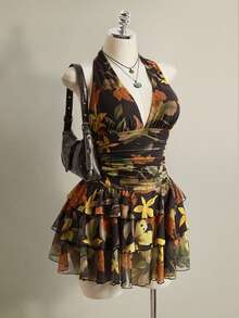 SHEIN ICON Plus Size Leopard Print Halter Neck Ruched Waist Multi-Layered Mesh Dress - Multicolor - View 4