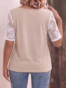 EMERY ROSE Women's Spring/Summer New V-Neck Lace Trim Short Sleeve Casual Versatile Plus Size T-Shirt - Khaki - View 2