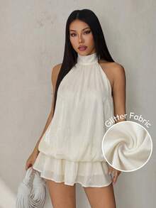 SHEIN PETITE 女款優雅米白色掛脖繫帶迷你洋裝，花卉泡泡下擺亮面布料，70年代風夏季派對度假約會穿搭，適合小個女生的夏季洋裝 - 杏色 - 查看 7