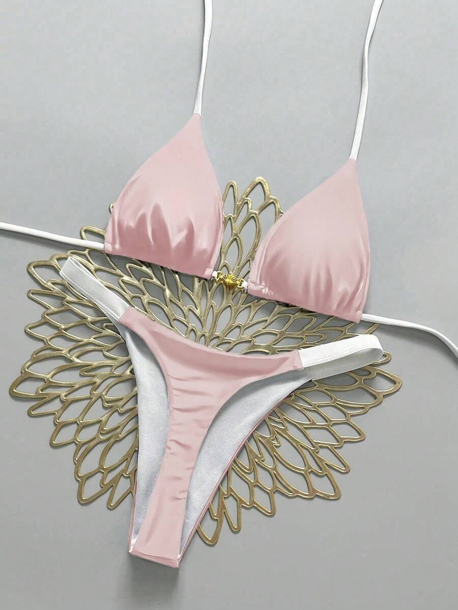 Swim Vcay 女士两件套贝壳装饰系带露背比基尼套装,撞色设计,海滩度假 - 粉色 - 查看 1