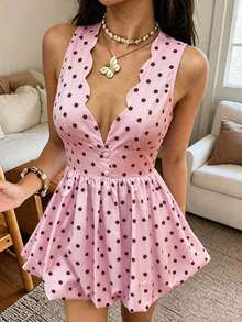 Pariaura Đầm peplum cổ chữ V chấm bi kiểu Pháp dành cho nữ - Hồng - Xem 3