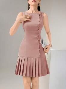 Heiryn Women's Fashionable Solid Color Pleated Sleeveless Mini Dress,Summer Dresses For Women - Pink - View 7