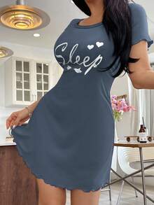 SHEIN 女士休闲短袖情书印花睡袍，夏季 - 霧霾藍 - 查看 6