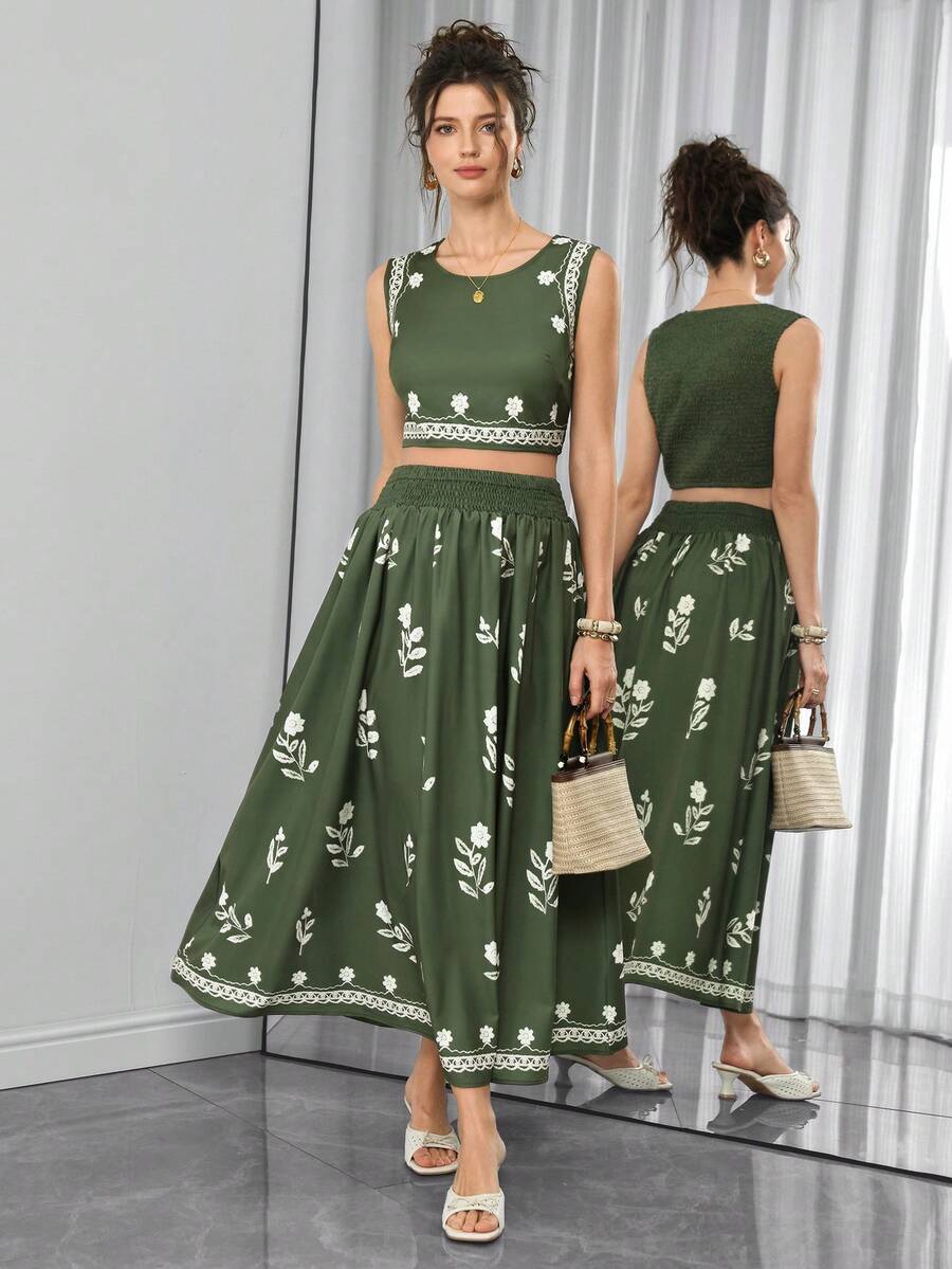 SHEIN 2pcs/Set Maternity Floral Print Cropped Tank Top And Mini Skirt - Multicolor - View 1