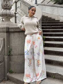 Marta Soriano Damen Elastische Taille Zugband Blume Muster Weite Bein Sommerhose, Damen Hosen, Urlaubsoutfit Frau, Westliche Kleidung Frauen, Strandoutfit für Frauen, Urlaub, Strand, Boho, Weiße Hosen, Weite Bein Hosen, Business Casual Frau, Frühling/Sommer Hosen, Blumenhosen für Frauen - Verschiedenfarbig - Übersicht 4