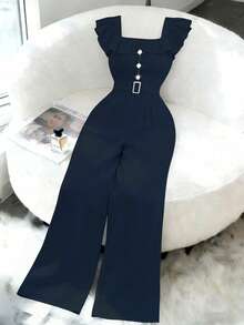 Elenzga New Women's Square Collar Ruffle Faux Placket Belt Decor Button Jumpsuit, Elegant Daily Commute Slimming High-Waisted Romper - Royal Blue - View 6