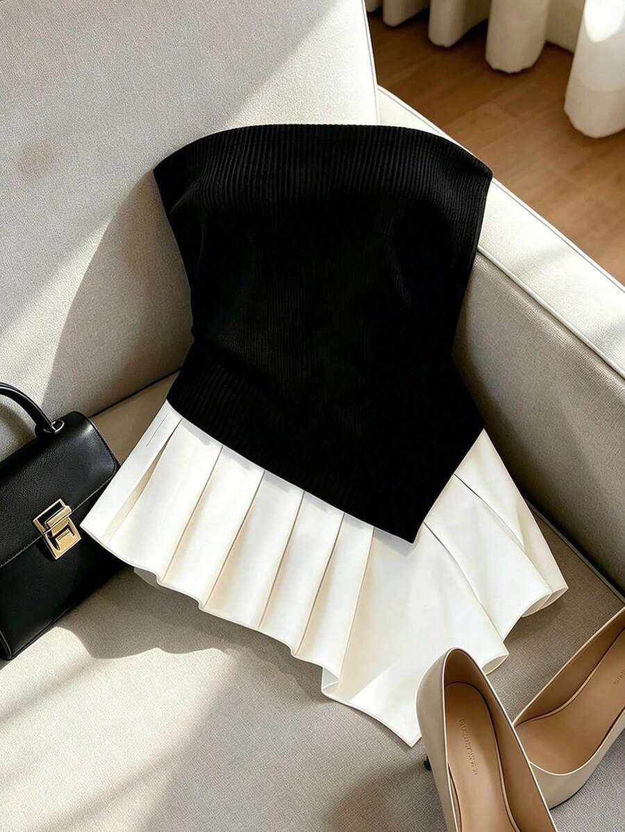 SHEIN Franclia 时尚性感温柔黑白拼接不对称下摆个性露背休闲度假百搭无肩带上衣,女士黑白拼接衬衫,女士春夏度假无肩带上衣,无袖上衣,女士时尚性感简约性感上衣,夏季穿搭,女士性感上衣 - 黑與白 - 查看 1