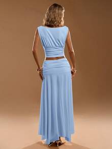 SHEIN BAE Women's Solid Color Scoop Neck Sleeveless Fitted Summer Set,Summer Outfits For Women - Baby Blue - View 2