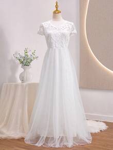 Lace Patchwork Flared Dress,White Round Neck Short Sleeve,Summer Elegant Civil Wedding Wedding Guest Bride Gown For Teenagers Teen Girls,Graduation - White - View 4