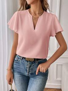 SHEIN Essnce 女士纯色V领休闲百搭日常衬衫 - 淺粉色 - 查看 5