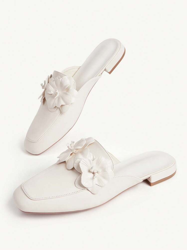 CUCCOO CHICEST Women's Square Toe, Low Thick Heel, Beige Three-Dimensional Flowers, Fashionable, Comfortable And Elegant Women's Flat-Soled Shoes, Empty Mule Shoes, Daily Commuting, Shopping To Work, Going Out, Flat-Soled Women's Shoes