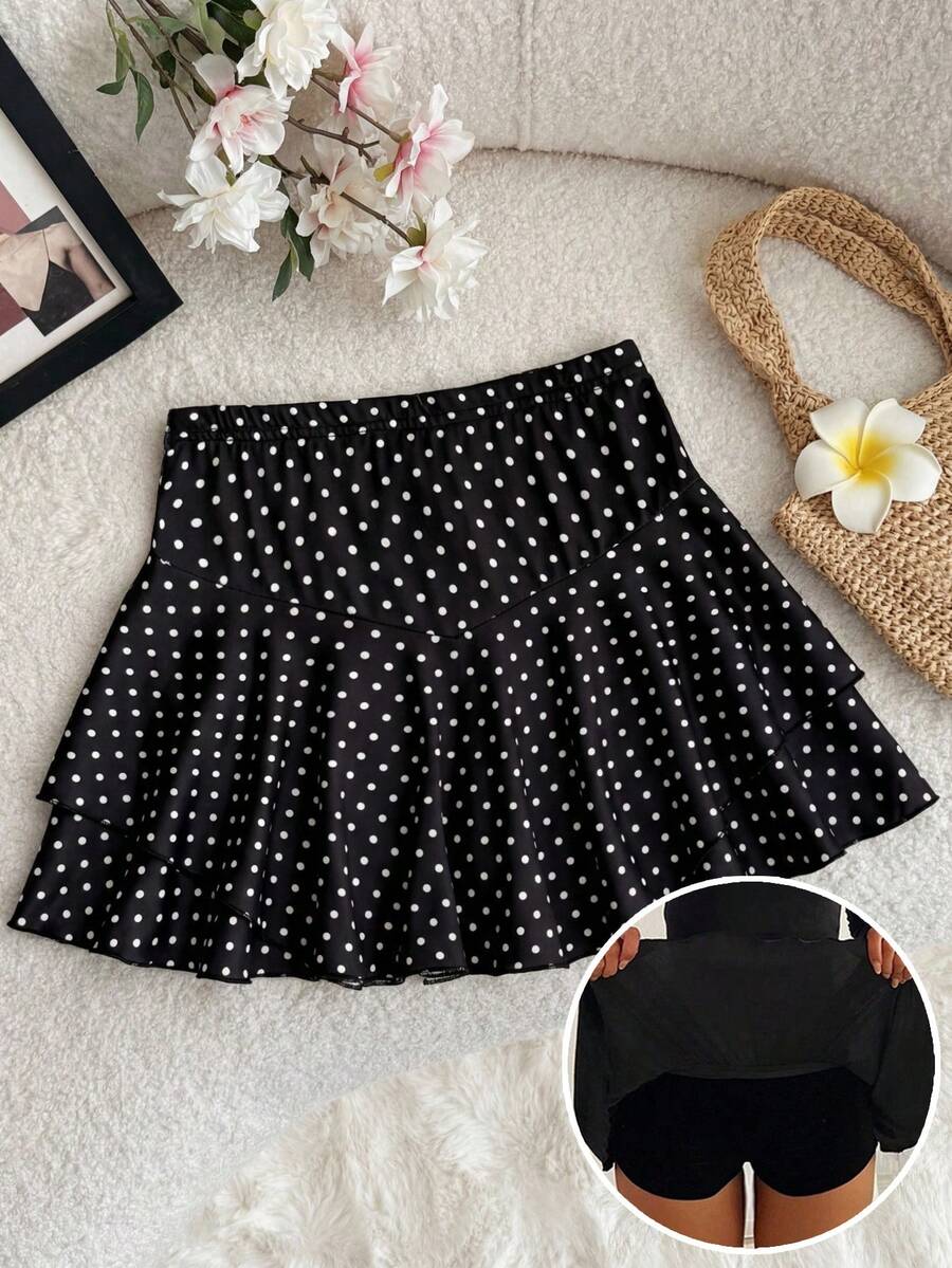 SHEIN Tween Girl Polka Dot Print Ruffle Hem Sports Skorts - Black - View 1