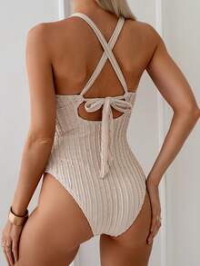 SHEIN LUNE Damen Sommer Urlaub Strick Jacquard Front Metall Blumen Dekor Kreuz-Rücken Träger Einteiler Badeanzug - Khaki - Übersicht 2