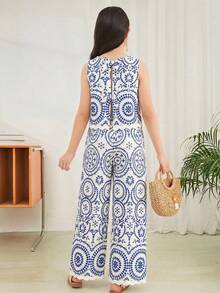 SHEIN Tween Girl Contrast Color Allover Print Casual Sleeveless Top And Loose Fit Wide Leg Pants - Blue - View 1