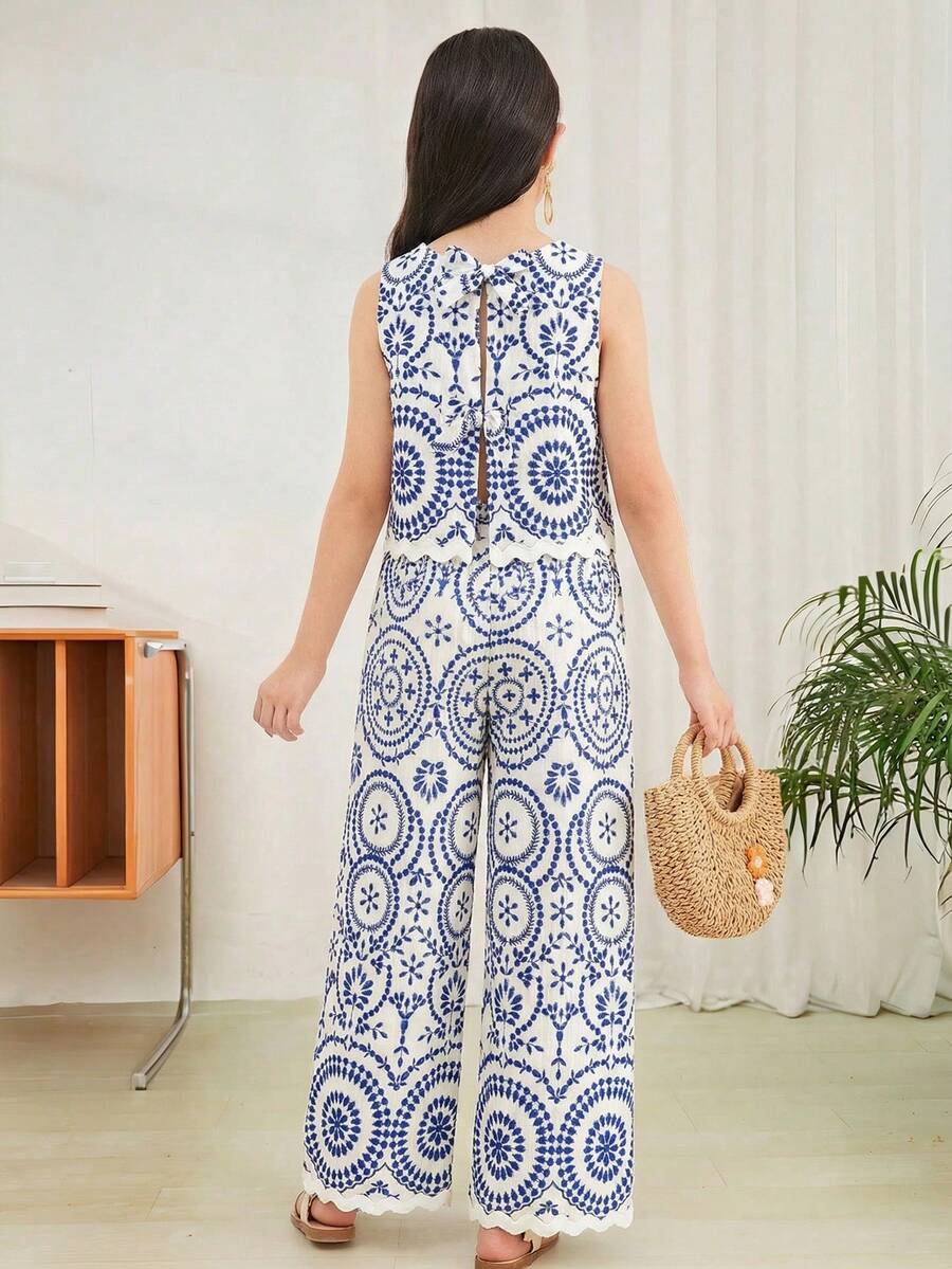 SHEIN Tween Girl Contrast Color Allover Print Casual Sleeveless Top And Loose Fit Wide Leg Pants - Blue - View 1