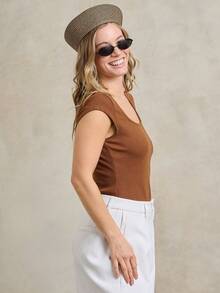 Rouah Women's Scoop Neck Cap Sleeve Ribbed Top Rust Brown Slim Fit Lightweight Knit Tee For Summer Casual Wear - Brown - View 5