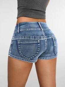 Jeanoix Quần short denim dáng rộng cạp thấp phong cách đường phố - Màu xanh lam - Xem 2
