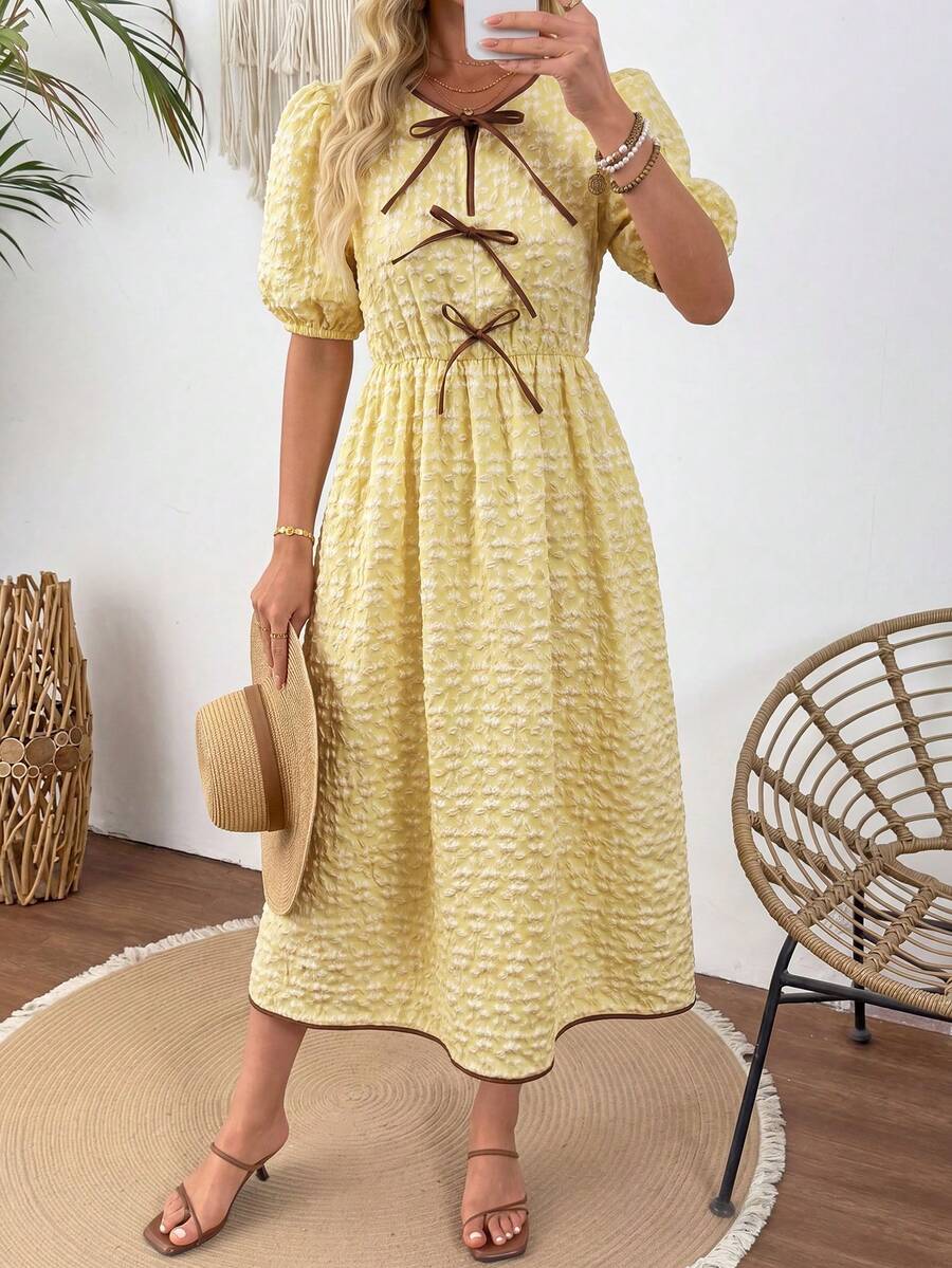 SHEIN LUNE 女士休闲基础款可爱纹理撞色夏季度假通勤日常野餐海滩茶会时尚中长连衣裙套装女装连衣裙女装新款女装连衣裙女装套装女装套装度假套装女装假日套装乡村音乐会套装棕色和黄色 - 鵝黃色 - 查看 1