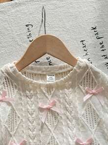 SHEIN LMoss Kids 女婴夏季可爱优雅蝴蝶结装饰短袖上衣和松紧腰半身裙套装 - 黑與白 - 查看 4