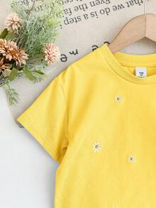SHEIN LMoss Kids 女童刺绣宽松圆领休闲T恤 - 黃色 - 查看 6