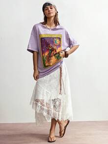 Bohemela BOHO Street Wear Western Cowboy Print Casual Solid Color Knit Round Neck Short Sleeve Loose T-Shirt For Women, Summer Top Everyday Lavender - Mauve Purple - View 7