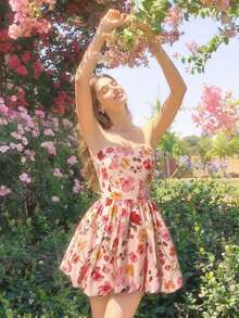 Joudiya Spring & Summer Floral & Butterfly Print Off-Shoulder Bodycon Mini Dress, Casual Sweet Girl Dress For Music Festival, Valentine's Day, Wedding, Party, Elegant Commuter Dress - Pink - View 8