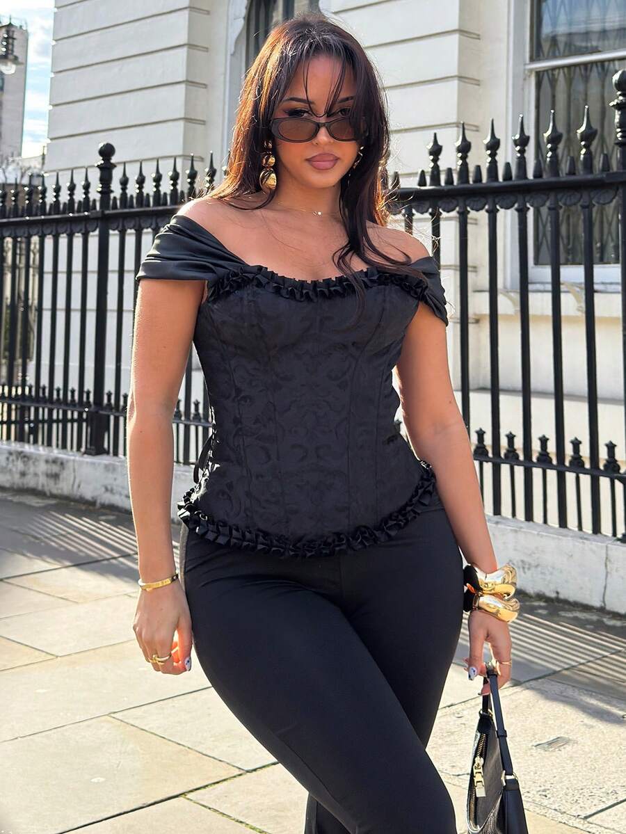 NegzBox Women Frill Trim Lace Up Back Corset Top, Body Shape Bustier Vintage Jacquard Top,Ladies Casual Asymmetrical,Frill,Lace Up Raglan Sleeve Off The Shoulder Slim Fit Black Plain Women Tops,Spring/Summer,Casual Daily Wear - Black - View 1